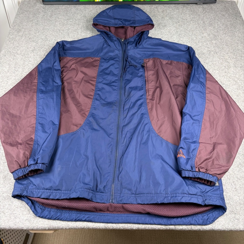 Vintage 90s Adidas Windbreaker Jacket Mens‎ 2XL Blue Colorblock Hooded Full Zip